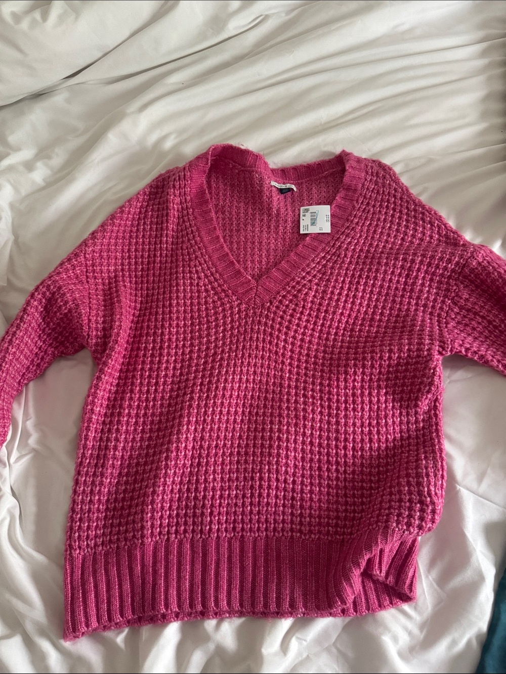 American Eagle Outfitters Hot Pink V-Neck Waffle Knit Sweater